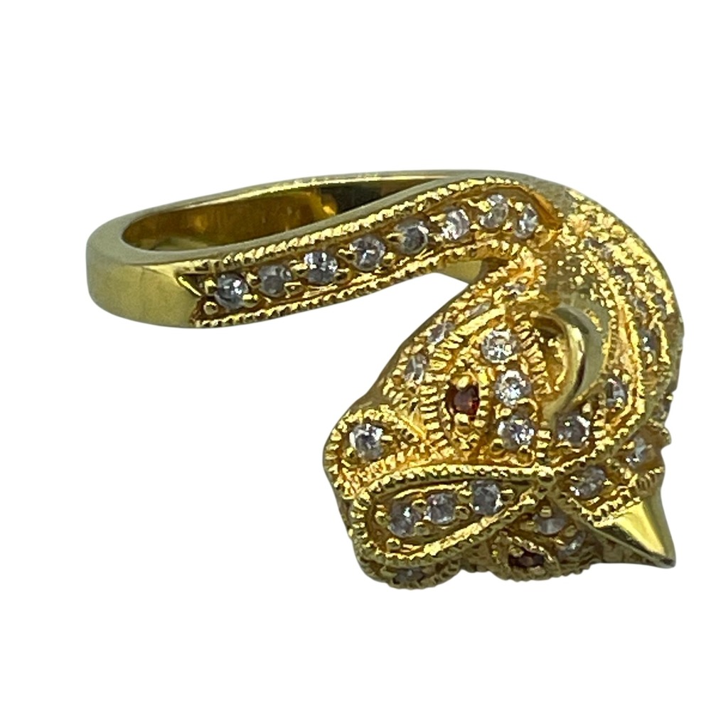 Gold Tone Panther Head Bypass Ring‎ Red Eyes Clear Crystals Statement Size 7.25